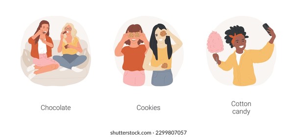 Teen favorite sweets isolated cartoon vector illustration set. Girls sitting on sofa and eating chocolate, teens making funny faces with cookies, making selfie with cotton candy vector cartoon.