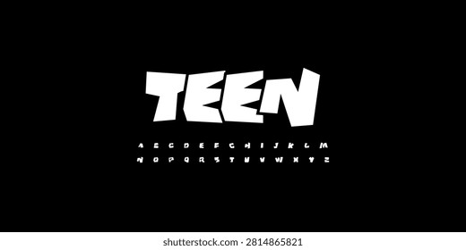 Teen Font, Bold Comic Typeface, Cartoon Style Letters for Youth Typographic Design, Stickers, Game Titles, Urban Posters. Pop Art Fun Typography. Creative Outline Characters. Vector typeset