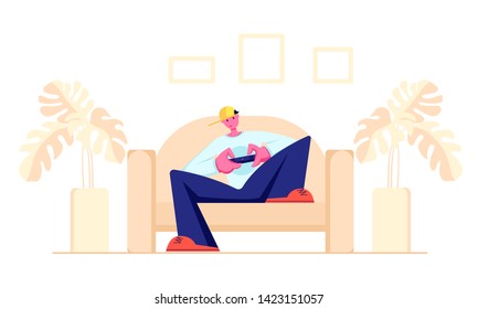 Teen Free Time, Teenager Sitting on Sofa with Joystick in Hands Playing Computer Games on Console. Leisure, Gaming Addiction, Sparetime, Virtual Reality, Cartoon Flat Vector Illustration