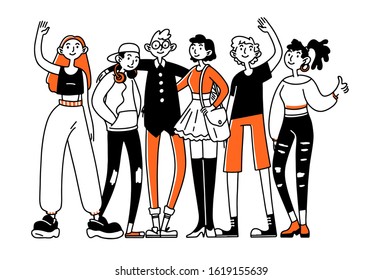 Teen friend team. Group of teenage girls and guys standing together, waving, hugging flat vector illustration. Youth, friendship, community concept for banner, website design or landing web page