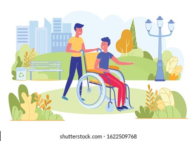 Teen Friends Boys Walking and Talking Outdoor in Park. Young Person Sitting on Wheelchair with Support of Male. Modern Flat Vector Illustration. Enjoy Activity. Tolerance and Acceptance