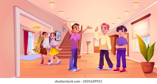 Teen friends meet in home hall interior. Happy smiling teenage kids inside house. Cartoon vector illustration of children spend time together with conversation and fun. Boys and girls at apartment.