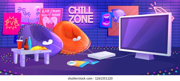 Teen game room interior. Play video games on the console with comfortable armchairs and snacks for gamers. Vector cartoon illustration