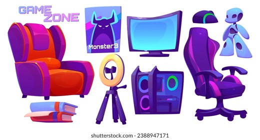 Teen gamer room design elements isolated on white background. Vector cartoon illustration of desktop computer, mouse, round led lamp for streaming, system unit, armchair, books, toy robot, wall poster