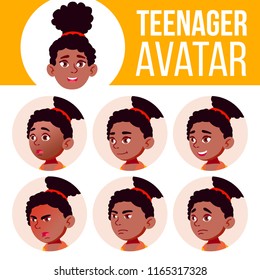 Teen Girl Avatar Set Vector. Black. Afro American. Face Emotions. Facial, People. Active, Joy. Cartoon Head Illustration
