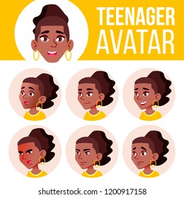 Teen Girl Avatar Set Vector. Black. Afro American. Face Emotions. Flat, Portrait. Youth, Caucasian. Cartoon Head Illustration