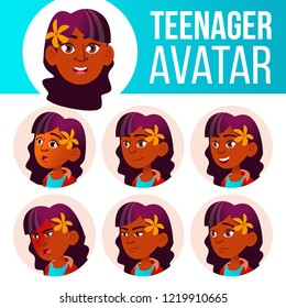 Teen Girl Avatar Set Vector. Indian, Hindu. Asian. Face Emotions. Emotional. Casual, Friend. Cartoon Head Illustration
