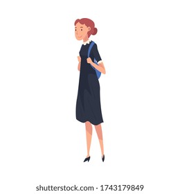 Teen Girl in Black Dress Standing with Backpack, Teenager Spending Time in Expectation at Bus Stop Cartoon Vector Illustration