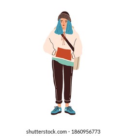 Teen girl with blue colored hair wearing trendy street style outfit. Modern teenager look. Young female in a sweatpants and hoodie. Flat vector illustration isolated on white background