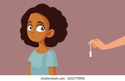 
Teen Girl Borrowing a Tampon for a Friend Vector Cartoon Illustration. Teenager finding out about menstruation during puberty years 
