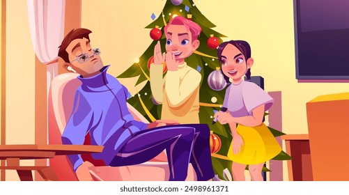 Teen girl and boy play cruel joke on man and draw spider on glasses with marker while he sleeping in armchair in home living room interior with Christmas tree. Cartoon vector children brawlers.