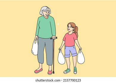 Teen girl carry bags helping elderly woman with grocery shopping. Kind caring granddaughter hold products help old grandmother with heavy packages. Older and younger generation. Vector illustration.