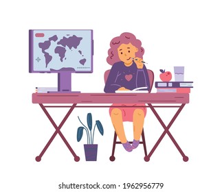 Teen girl cartoon character sitting at desk with computer and studying at home, flat vector illustration isolated white background. Online education and e-schooling.