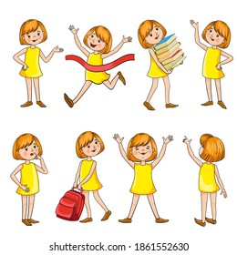 Teen girl character design in cartoon style. Training, victory, fun, reading a book, backpack, character movement