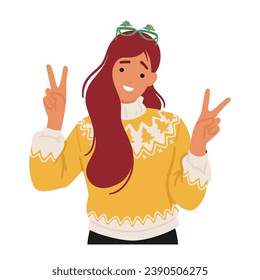 Teen Girl Character In A Festive Christmas Glasses and Ugly Sweater, Adorned With Vibrant Yellow Colors And Knitted Tree Patterns, Exudes Holiday Cheer And Warmth. Cartoon People Vector Illustration