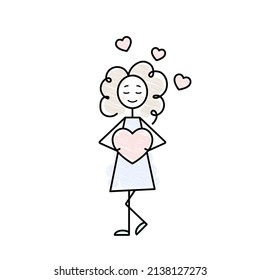 teen girl character in love black outline pencil drawing flat doodle illustration