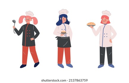 Teen Girl Chef in White Toque and Jacket Holding Plate with Hamburger and Baked Bread Vector Set