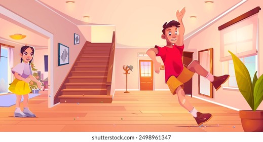 Teen girl committed bad deed scattering little balls on floor while guy walking or running and falling down slipping on spilled spheres. Cartoon vector evil act of kid in home hall room interior.