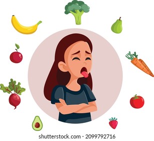 
Teen Girl Disliking Healthy Eating Vector Cartoon Illustration. Young Adolescent Having An Eating Disorder Avoiding Healthy Food
