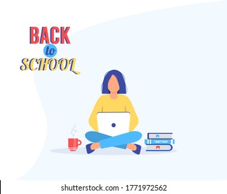 Teen girl does homework. Student girl with laptop and books. Female character gains knowledge. E-learning concept. Remote education.
Back to school. Cute vector illustration in cartoon style.