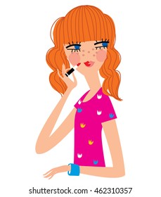 Teen girl doing lipstick make up. vector