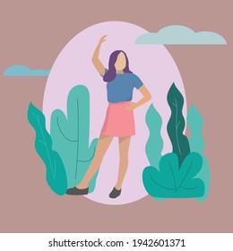 Teen girl is doing morning fitness exercising at park. Flat modern cartoon illustration.