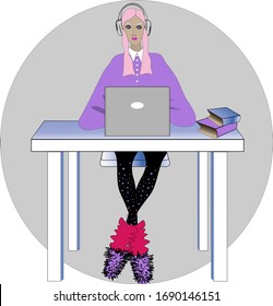 Teen girl is engaged remotely. Learn and work online. Girl sitting in headphones in front of a laptop.
