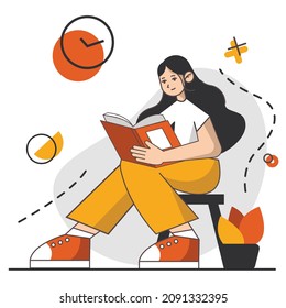 Teen girl enjoy her hobby - reading the book. She have the best  leisure and fun. Vector illustration of home creative occupation in quarantine. 