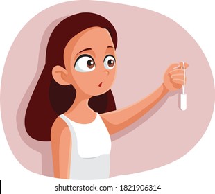 Teen Girl Experiencing First Menstruation Holding A Tampon. Teenager Having  Questions About Puberty And Body Transformations
