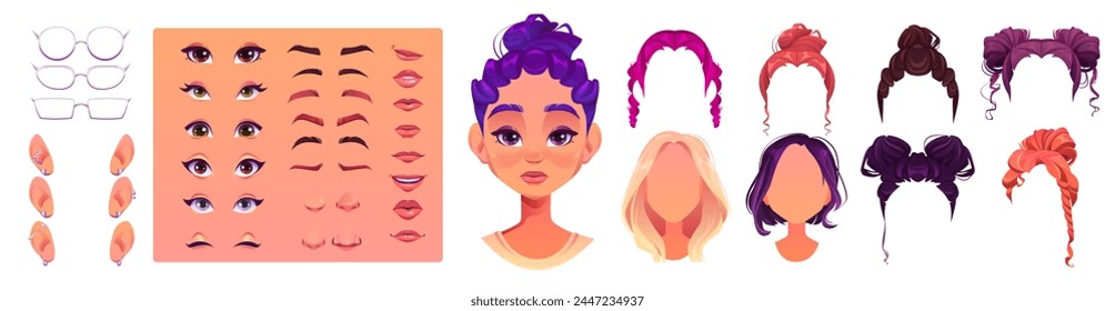 Teen girl face construction set isolated on white background. Vector cartoon illustration of female character avatar design elements, color hairstyles, ears, eyes, eyebrows, mouth, nose, eyeglasses