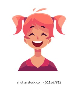 Teen girl face, laughing facial expression, cartoon vector illustrations isolated on white background. Red-haired girl emoji face laughing out load, closed eyes and open mouth.