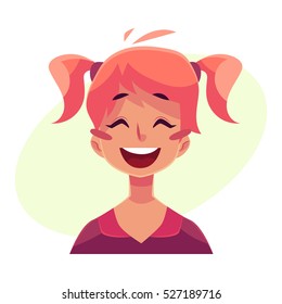 Teen girl face, laughing facial expression, cartoon vector illustrations isolated on yellow background. Red-haired girl emoji face laughing out load, closed eyes and open mouth. Laughing expression