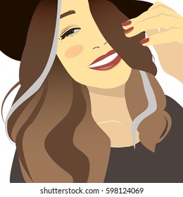Teen girl face with a smiling facial expression, cartoon vector illustration isolated on white background.