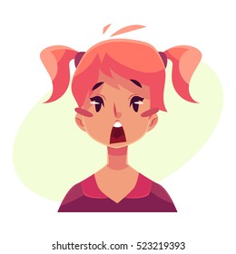 Teen girl face, surprised facial expression, cartoon vector illustrations isolated on yellow background. Red-haired girl emoji shocked, amazed, astonished. Surprised face expression