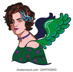 teen girl in fashion clothes with wings in vector.girl portrait in flat style for design.isolated girl with angel wings.youth culture.