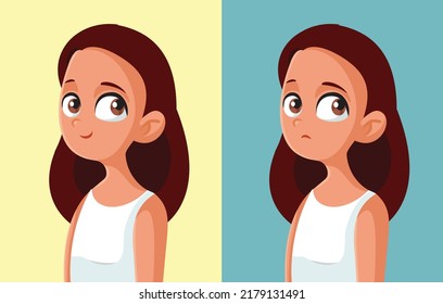 

Niña adolescente sintiendo felicidad y tristeza vectorial ilustración. Adolescente sintiéndose amorosa de experimentar diferentes emociones durante la pubertad
