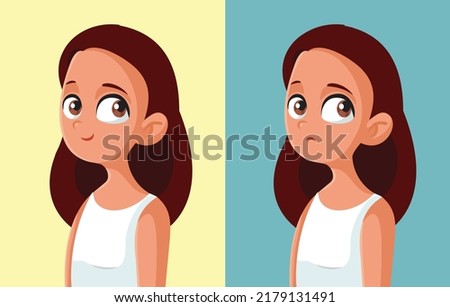 

Teen Girl Feeling Happy and Sad Vector Cartoon Concept Illustration. Teenager feeling moody experiencing different emotions during puberty
