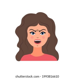Teen girl gets angry and screams. The emotion of anger. Vector illustration in a flat style.