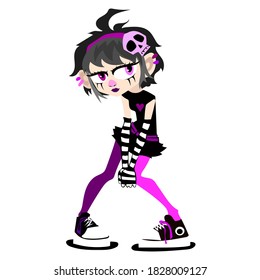 
Teen Girl In Gothic Clothes, Emo Punk Girl, Dressed In A Black Skirt, Pink Tights, A Black Sweater And Black And White Sneakers