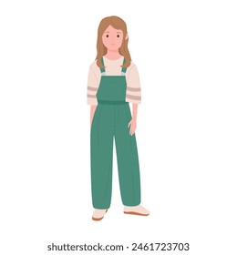 Teen girl in green modern overalls standing and smiling vector illustration