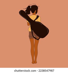 Teen Girl with Guitar Case. Vector Illustration. Anime style