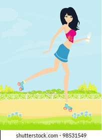 teen girl having fun on roller skates