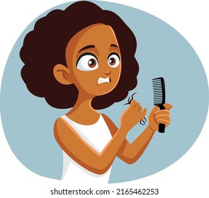 

Teen Girl Having Hair Loss Problems Vector Cartoon Drawing Illustration. Stressed young woman suffering from alopecia worried about losing her hair
