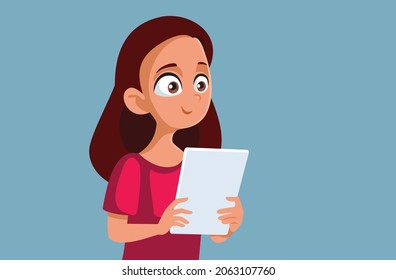 Teen Girl Holding Computer Tablet Vector Cartoon. Young teenager distance learning and communicating using a touch pad 
