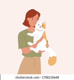 Teen Girl Holding Her Cute Cat. Portrait Of Happy Pet Owner. Vector Illustration In A Flat Style