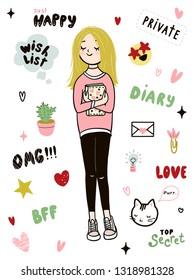 Teen girl is holding her diary. Young blonde wearing a sweatshirt, leggings and sneakers. Set of different girl’s attributes. Vector isolated illustration