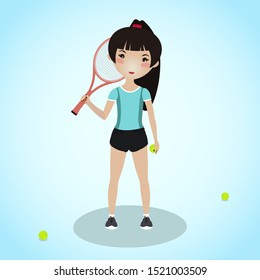 Teen girl holding a tennis racket. Active lifestyle. Playing tennis. Young and pretty caucasian woman. Sport people concept image. Beautiful asian woman in sport clothes.