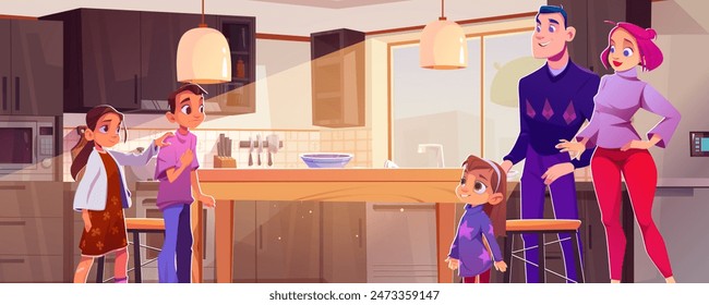 Teen girl introducing boyfriend to parents in kitchen. Vector cartoon illustration of friendly mother and father getting acquainted with shy boy in dining room, sunny daylight in window, family care