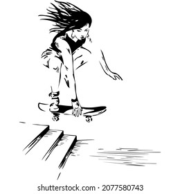Teen girl jumping over the stairs on a skateboard sketch vector illustration hand draw