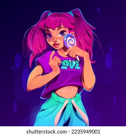 Muchacha con langosta, joven hermosa mujer con cara sonriente, cabello rosa con ropa de hipster de moda. Adolescente con cuidado positivo posando sobre fondo azul abstracto, ilustración vectorial de dibujos animados